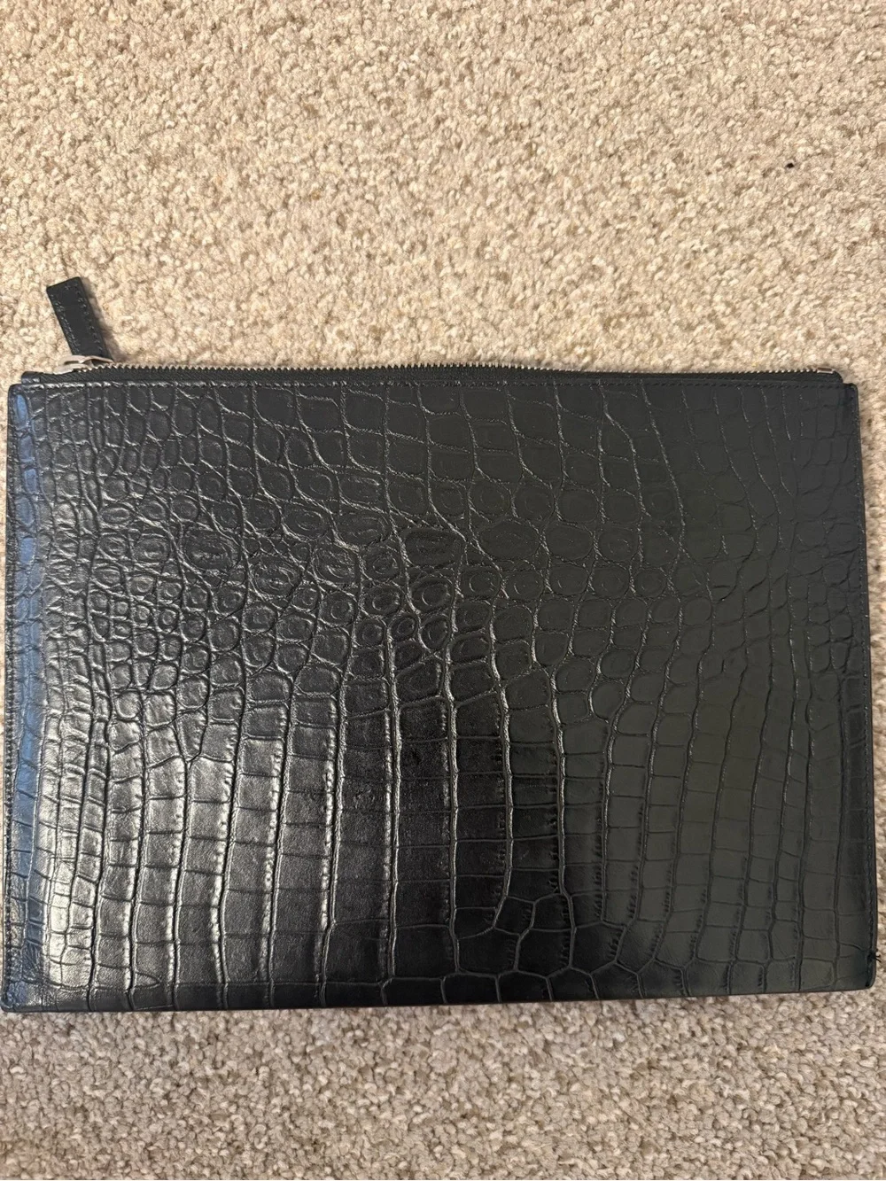 Authentic YSL Croc-Embossed Leather Black Zip Pouch